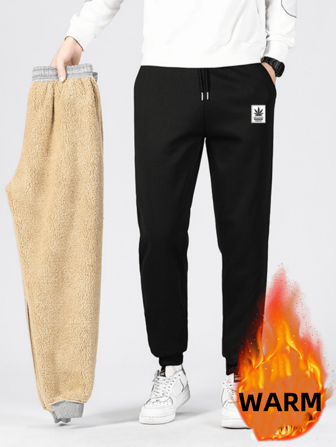 1pc Men's Outdoor Thermal Lined Sports Pants With Drawstring Hem, Warm Sherpa Lining, Autumn/Winter