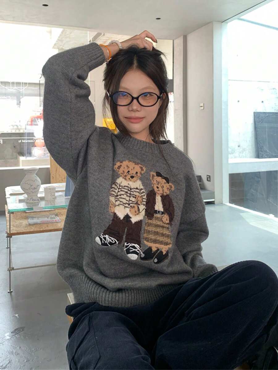 Vintage Cartoon Jacquard Knit Sweater,Long Sleeve Tops