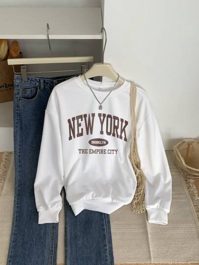 Women's Autumn And Winter NEW YORK Slogan Graphic Long Sleeved Crew Neck Sweatshirt ,Casual Loose And Versatile Holiday Style Tops,Fashionable Fall Women Clothes Suitable For Daily Wear