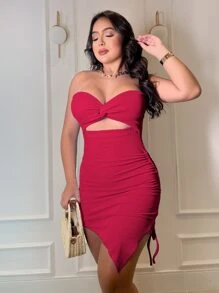 Strapless Ruched Dress With Side Slit Adjuster - 玫紅色 - 查看 1