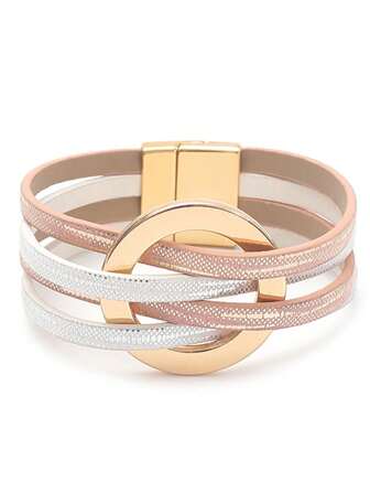 1pc European Style Multi-Layer PU Leather & Metal Large Circle Magnetic White & Pink Women Bracelet