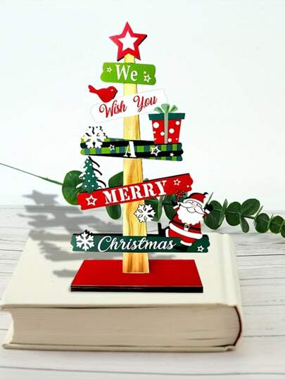 Decor compact din lemn pentru brad de craciun cu ornament de sarbatoare, design cadou si Mos Craciun, decoratiuni de sarbatori