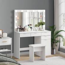 CLIPOP Große Schminktisch Weiß mit LED Beleuchtung und Hocker, Kosmetiktisch mit Spiegel, 4 Schubladen, Aufbewahrungsschrank und Hocker, Frisierkommode Frisiertisch Schlafzimmermöbel Vanity Set