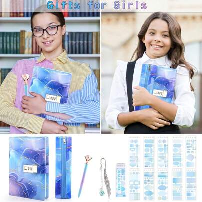 High Quality A5 Girls Diary: The 162-Page Notebook Is A5 Size (8.27 X 5.83 Inches) And Has A High-Quality, Waterproof PU Cover That Not Only Looks Fantastic, But Also Protects The Notebook From Moisture For Long-Term Storage. Made From High Quality, Eye-Friendly Paper Without Fluorescents To Protect Children's Eyes And Ensure Smooth Writing. With The Pen, Stickers, Bookmark And Pencil Case, This Stationery Set Can Be Used For Writing Journals, Writing Stories, As A Travel Journal, Study Notebook