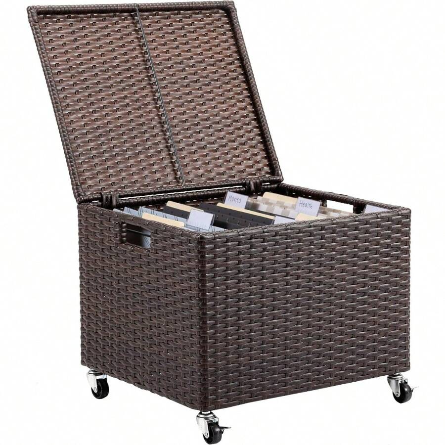 Rolling File Box Storage With Wheels Weatherproof Rattan