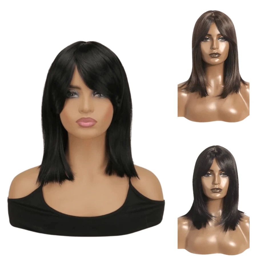 Wig With Side Bangs Shoulder Length Layered - Màu đen tự nhiên - Xem 1