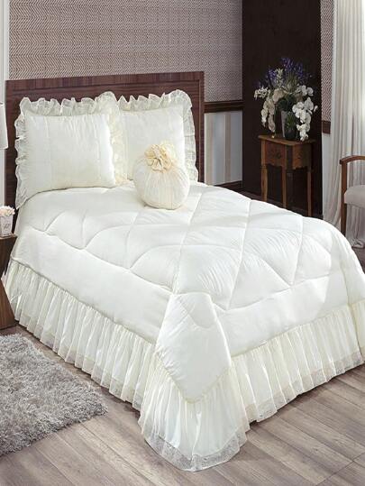 Colcha Queen Brisa Renda Lua De Mel 04 Pca Aconchegante e Quentinha Com Trouxa