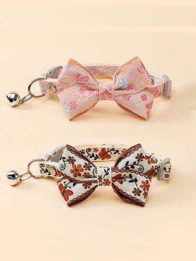 1pc Embroidered Flower & Butterfly Pattern Bowknot Pet Decor Collar With Bell, For Small Cats Or Dogs, Pet Photoshoot Accessory