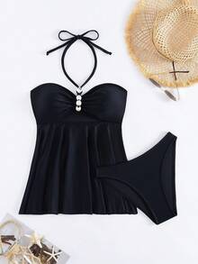 Nowy Jednokolorowy Zestaw Bikini, Stylowy Balerinkowy Dekor Sztucznych Pereł Dekoracyjnych Strojów Kąpielowych Do Fotografii Plażowej Latem