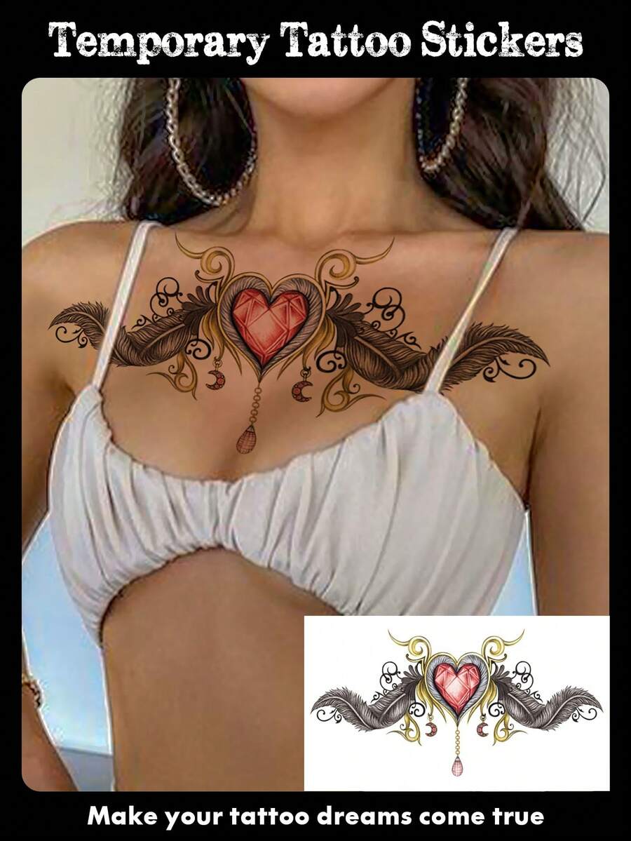 1 张女性胸下大腿绑带人体艺术临时纹身贴纸，红心宝石风格羽毛翅膀图案，防水假纹身，持续 2-5 天，遮盖疤痕，可用于手臂手腕肩部腿部腰部颈部手部胸部大腿 - 彩色 - 查看 1