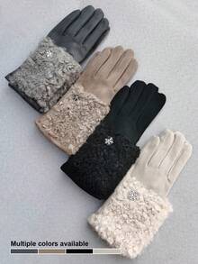 1 双女士多色可选纯色休闲优雅街头涤纶绗缝后面板雪花装饰触摸屏全指手套，适合秋冬季外出、约会、假期、大学派对、成熟日常使用 - A - 查看 1