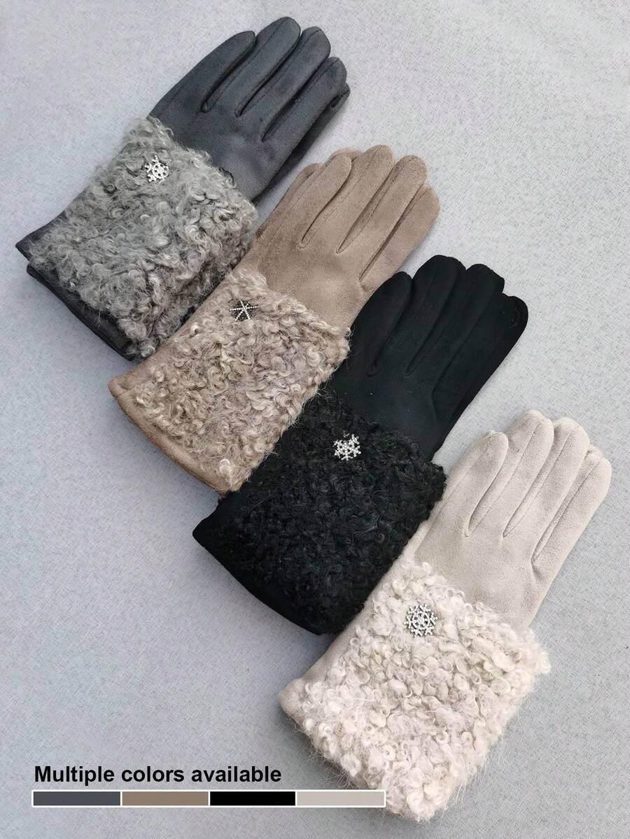 1 双女士多色可选纯色休闲优雅街头涤纶绗缝后面板雪花装饰触摸屏全指手套，适合秋冬季外出、约会、假期、大学派对、成熟日常使用 - A - 查看 1