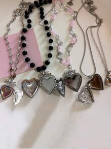 1 件哥特 Y2k 美学心形小盒吊坠开口女式银色不锈钢相框吊坠项链女式 EMO 珠宝时尚珠宝 - 彩色 - 查看 8