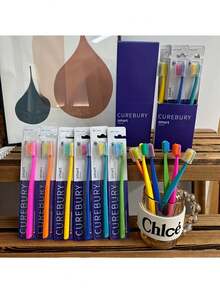 12 支 CUREBURY 智能手动牙刷，超细纤维软毛，全头设计，带盖，成人口腔护理配件，中性，耐用 - 彩色 - 查看 7