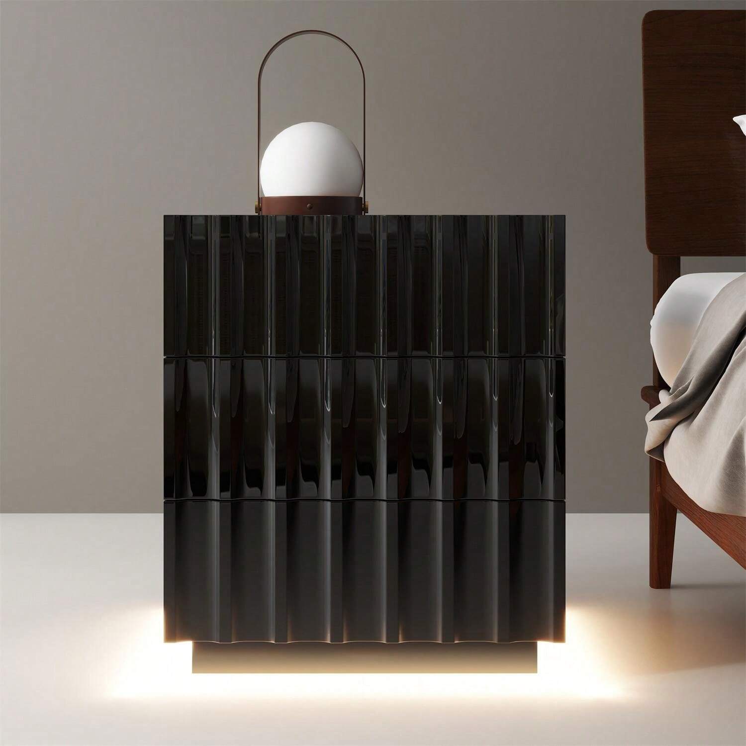 3Drawer Nightstand Side Table With LED, Manufactured Wood Beside Table