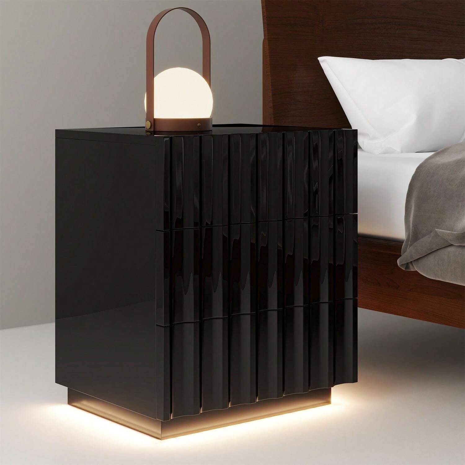 3Drawer Nightstand Side Table With LED, Manufactured Wood Beside Table