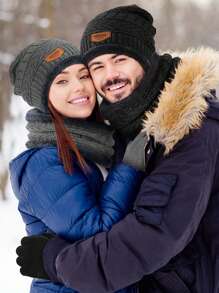 3 件冬季保暖套装（帽子+围巾+手套），纯黑色加厚针织帽，防滑手套，保暖围巾，秋冬 - 3Pcs - 查看 11