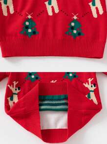 1 pezzo Maglione lavorato a maglia a girocollo rosso, spesso, con motivo casuale a renna e albero di Natale in stile cartoonesco, morbido, caldo e confortevole, adatto a bambini piccoli per l'uso interno/esterno, in primavera, autunno e inverno