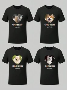 Customized Loose Fit T-Shirt, Personalized With Heart-Shaped Photo Print Of Friends/Couples/Family/Pets, Family Gathering Group Custom Clothing, Wedding Gift, Mother's Day Gift, Best Friend Gift, Anniversary Gift, Valentine's Day Gift, Gift For Her, Black Top, Autumn Wear, Autumn Top, Women Top - Black - View 2