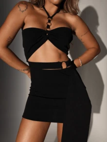 Yas Short Dress With Hoops, Foreign Fashion Style, Feminine Trend, Party Look - 黑色 - 查看 2