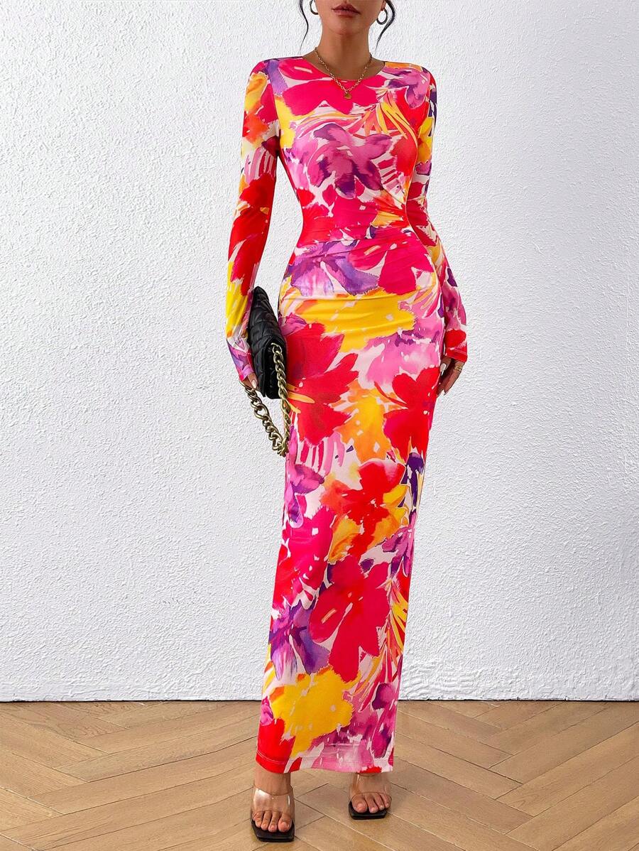 Women's Slim-Fit Long Dress Fall Fashion Long Sleeve Floral Print Tight Party Club Pleated Long Sleeve DressWomen's Slim-Fit Long Dress Fall Fashion Long Sleeve Floral Print Tight Party Club Pleated Long Sleeve Dress - 大紅色和紫色的花朵 - 查看 1