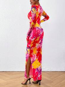 Women's Slim-Fit Long Dress Fall Fashion Long Sleeve Floral Print Tight Party Club Pleated Long Sleeve DressWomen's Slim-Fit Long Dress Fall Fashion Long Sleeve Floral Print Tight Party Club Pleated Long Sleeve Dress - 大紅色和紫色的花朵 - 查看 3