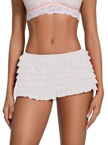Women Y2k Ruffle Shorts With Bow Party Mini Shorts Skirt Low Rise Layered Micro Shorts Pettipants Pj Bottoms - 白色 - 查看 2