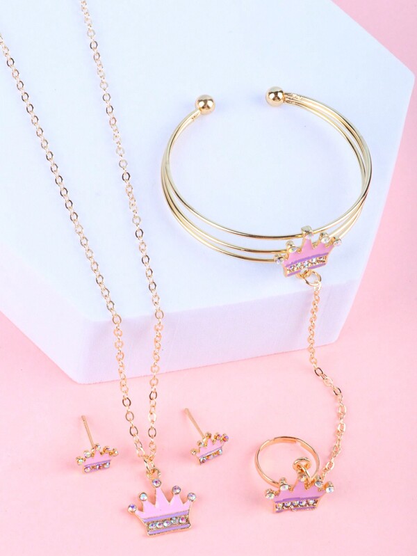1 Conjunto Joias para Meninas, Pulseira, Colar, Brincos, Anel de Liga de Zinco Dourada com Elementos de Coração, Flor e Coroa, Presente de Aniversário, Presente de Feriado, Joias de Festa, Presente de Natal
