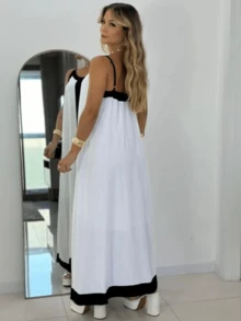 Women's Long Two-Tone Dress With Thin Straps And Asymmetric Hem, Vicolinho Fabric Lined - Đen và trắng - Xem 2