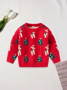 1 pezzo Maglione lavorato a maglia a girocollo rosso, spesso, con motivo casuale a renna e albero di Natale in stile cartoonesco, morbido, caldo e confortevole, adatto a bambini piccoli per l'uso interno/esterno, in primavera, autunno e inverno