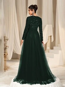 Faeriesty Surplice Neck Sequin Bodice Contrast Mesh Hem Belted Formal Evening Dress