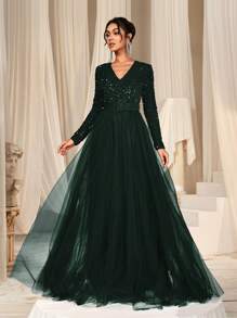 Faeriesty Surplice Neck Sequin Bodice Contrast Mesh Hem Belted Formal Evening Dress