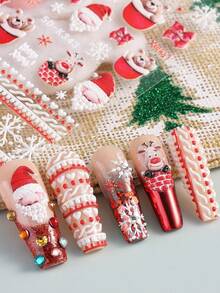 2 件装 5D 浮雕卡通圣诞老人圣诞指甲贴可爱麋鹿企鹅鹿冬季雪花雪人红白条纹帽子手套圣诞节设计 DIY 指甲装饰 - 彩色 - 查看 4