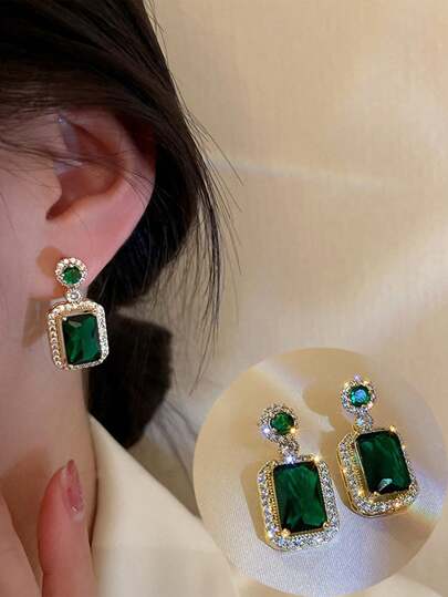 topshiny 1 对奢华祖母绿水晶小简约几何方形耳钉，适合日常装扮和派对配饰