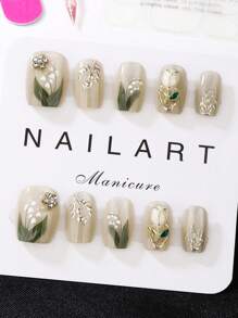 10件套 军校蓝 短梯型 可穿戴美甲 手工制作 优雅大方设计 高端法式 凝胶抛光 闪光 猫眼效果 金属光泽 全面覆盖假指甲片 按压式指甲 美甲用品 美甲