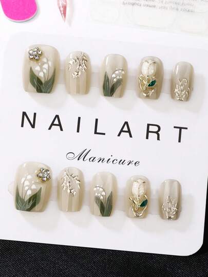 10件套 军校蓝 短梯型 可穿戴美甲 手工制作 优雅大方设计 高端法式 凝胶抛光 闪光 猫眼效果 金属光泽 全面覆盖假指甲片 按压式指甲 美甲用品 美甲