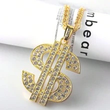 1pc Exaggerated Hip-Hop Style Dollar Sign Pendant Necklace, Zinc Alloy & Rhinestone Decor, Suitable For Men And Women Daily Wear - Gold - View 7