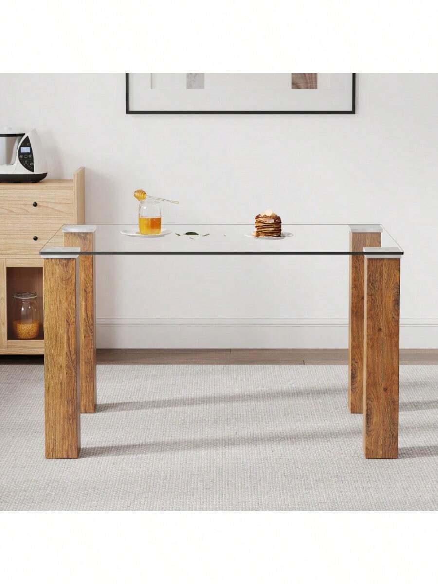 Modern Minimalist Rectangular Dining Table. Glass Desktop And Wooden