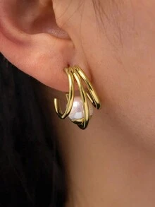 1 对奢华法式仿珍珠镶嵌时尚优雅几何设计女士耳环，个性化珠宝 - 金黃色 - 查看 8