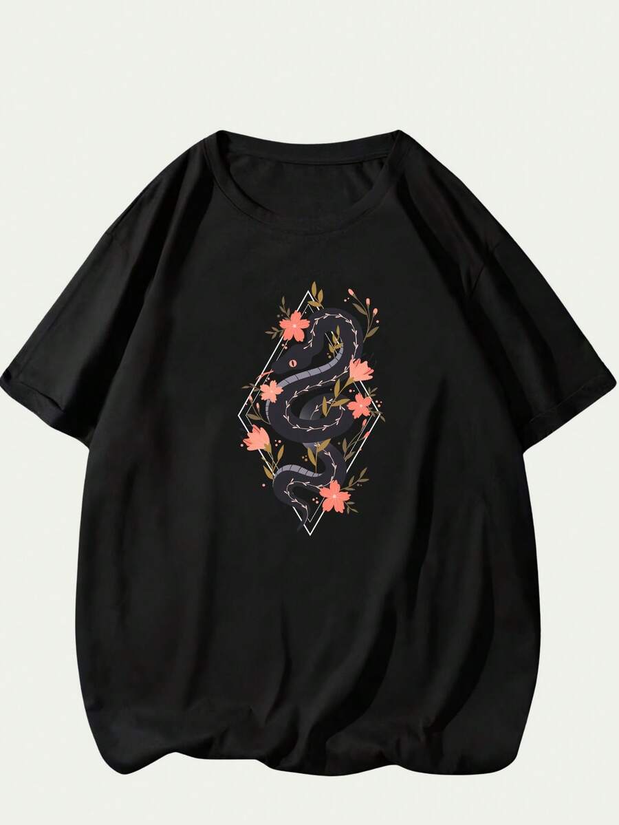 Snake Print T-Shirt With Flower Unisex Short Sleeve Comfort Casual Premium - màu đen - Xem 1