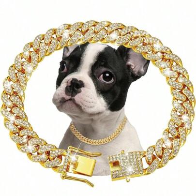 1 Pc Dog Chain Collar Shiny Rhinestone Dog Necklace Hip Hop Style Dog Chain Gold Dog Necklace Big Chain Link Chain Cat Collar All Rhinestone Fashionable Pet Collar