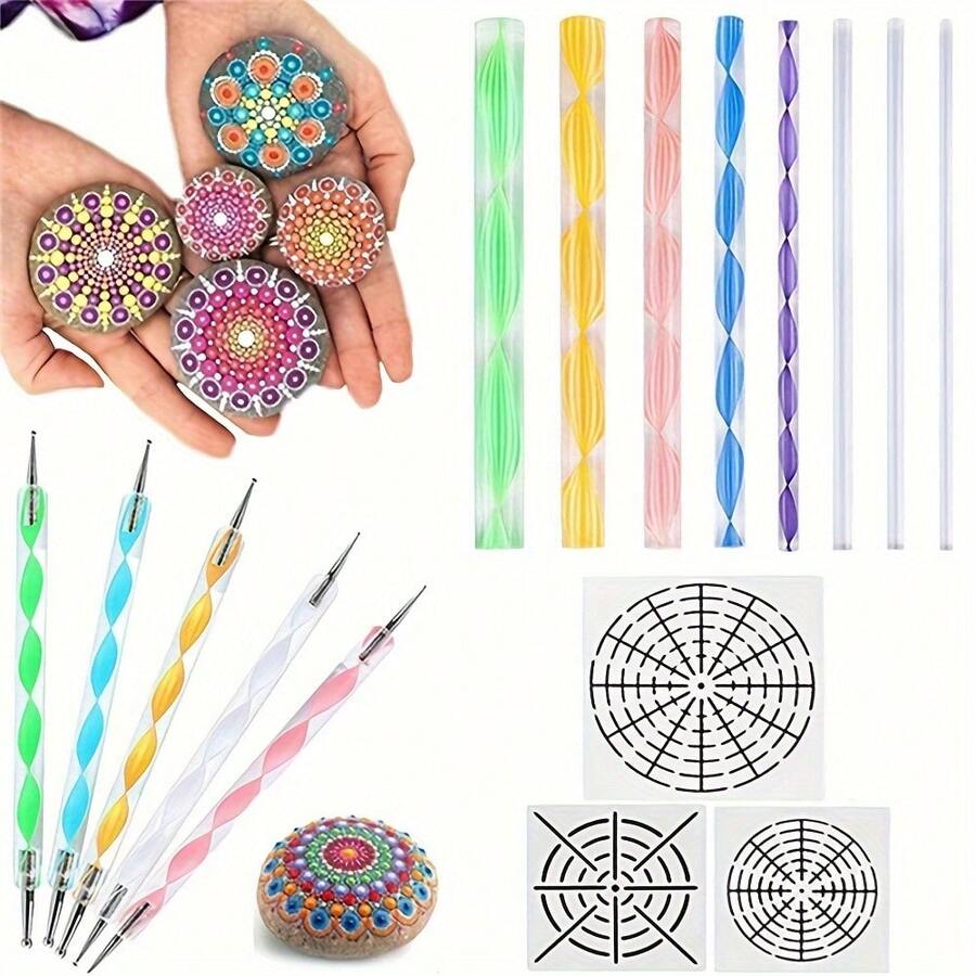 16PCS Mandala Dotting Tools Set For Painting Rocks, Mandala Art & Ceramic Pottery Craft - Includes Dotting Tools, Acrylic Rods, Stencils - Durable Plastic, Uncharged Power Mode - 16pcs - View 1