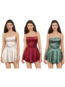 Silk Satin Mini Dress For Women Backless Short Romper Dress Cowl Neck Tie Ruffle Layer Spaghetti Strap Playsuit Jumpsuit Beach Short Dress - Champagne - View 4