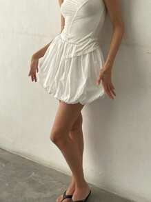 Women Y2K Bubble Mini Skirt Cute Ruffle Short Skirts Solid Color High Waist Puffy Flowy Balloon Skirt - 白色 - 查看 6