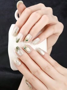 10件套 军校蓝 短梯型 可穿戴美甲 手工制作 优雅大方设计 高端法式 凝胶抛光 闪光 猫眼效果 金属光泽 全面覆盖假指甲片 按压式指甲 美甲用品 美甲