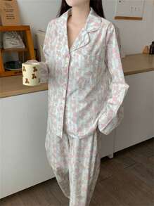 两件套女士睡衣套装，粉色爱心猫咪图案纽扣长袖上衣和长裤，宽松家居服，适合春秋季穿着，两件套，秋冬服装 - 彩色 - 查看 5