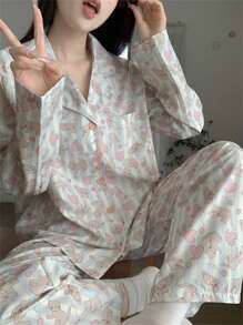 两件套女士睡衣套装，粉色爱心猫咪图案纽扣长袖上衣和长裤，宽松家居服，适合春秋季穿着，两件套，秋冬服装 - 彩色 - 查看 1