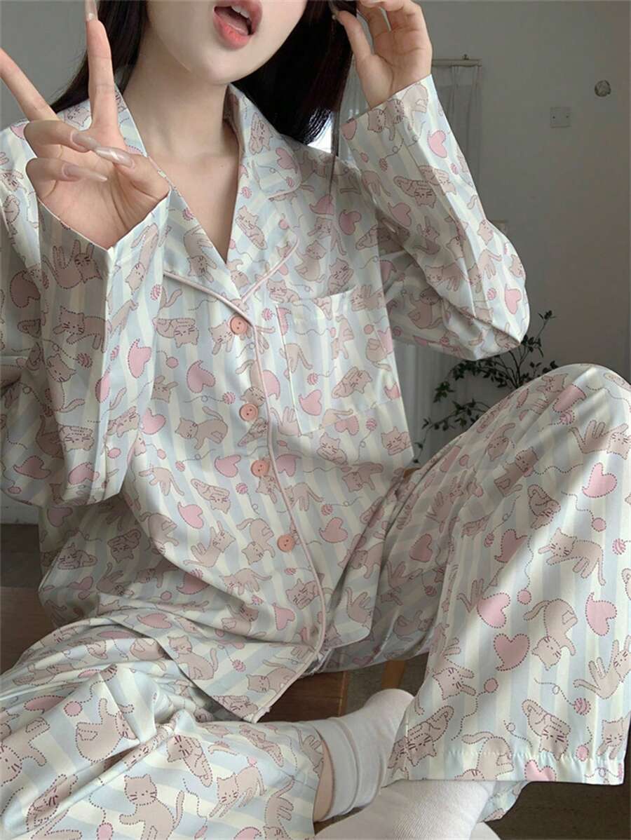 两件套女士睡衣套装，粉色爱心猫咪图案纽扣长袖上衣和长裤，宽松家居服，适合春秋季穿着，两件套，秋冬服装 - 彩色 - 查看 1