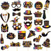 31 pezzi 2025 Cornice per foto set per feste di capodanno + set di maschere per feste tenute in mano, Accessori per cabina fotografica in carta per feste di capodanno, utilizzati per la decorazione delle feste di capodanno