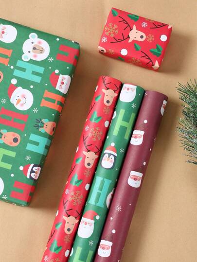 3 pezzi 70*50cm carta regalo di Natale, carta kraft bianca, carta da imballaggio per regali di Capodanno, forniture per compleanni, con motivi di Babbo Natale ed elfi, decorazioni natalizie, carta da regalo con fiori, confezione regalo, carta per matrimoni e decorazioni per feste di Natale